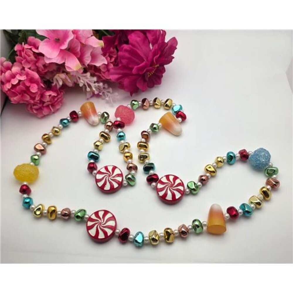 Candy Theme Statement Necklace Peppermint Beads Holiday Christmas 39 in Strand